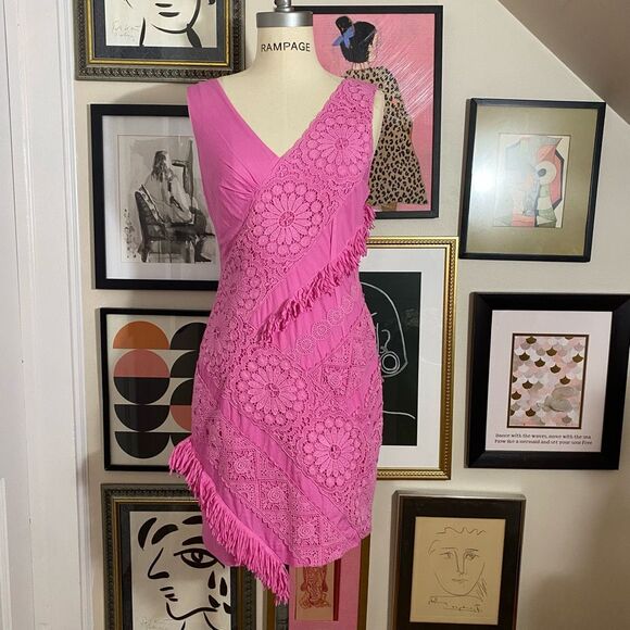 Tracy Reese Anthropologie Women’s Hot Pink Lace/Fringe Sheath Dress sz 4 - Picture 2 of 6